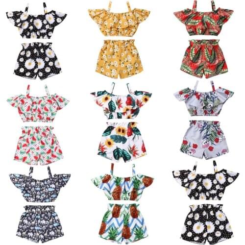1-6Y Summer Cute Infant Kids Baby Girls Clothes Sets Flowers Print Ruffles Off Shoulder T-Shirts Tops+Shorts 2pcs