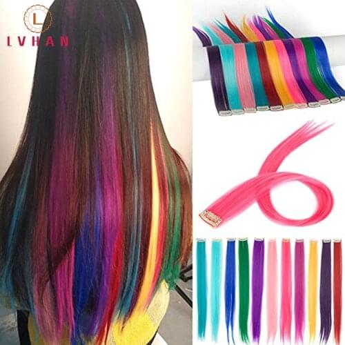 LVHAN Colored Highlight Synthetic Hair Extensions Clip In One Piece Color Strips 24" Long Straight Hairpiece For Sports Fans