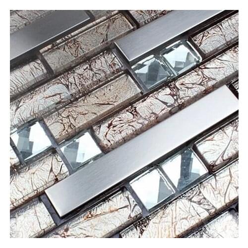 Gray silver crystal glass diamond mixed silver stainless steel metal tiles for dining room bathroom shower wall tiles hallway
