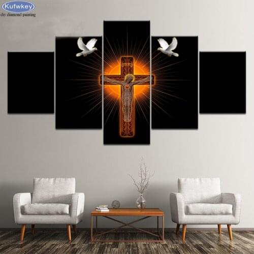 5D DIY Diamond Painting Cross Stitch kit 5 Pieces Glowing Jesus Cross dove Full diamond Embroidery Diamond Mosaic Sticker Decor