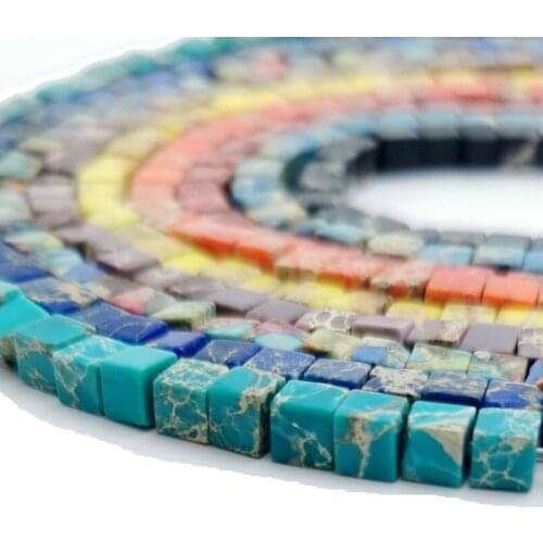 Natural Stone Square Sea Sediment Imperial Jaspers Turquoises 3/4mm Cube Loose Spacer Beads for Jewelry Making Diy Bracelet 15