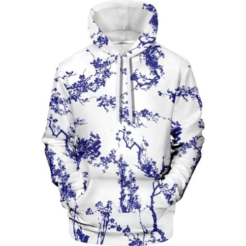 New Products Creative Blue and White Porcelain Peripheral Printing 3D Hooded Drawstring Mens Cos Outfit
