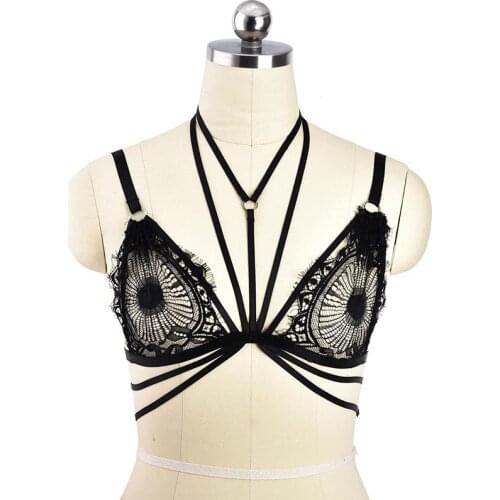 Sexy Lace Harness Cage Bra Fetish Goth Bondage Harness Lingerie Elastic Crop Top Bodysuit Adjustable Body Harness Cage Bralette