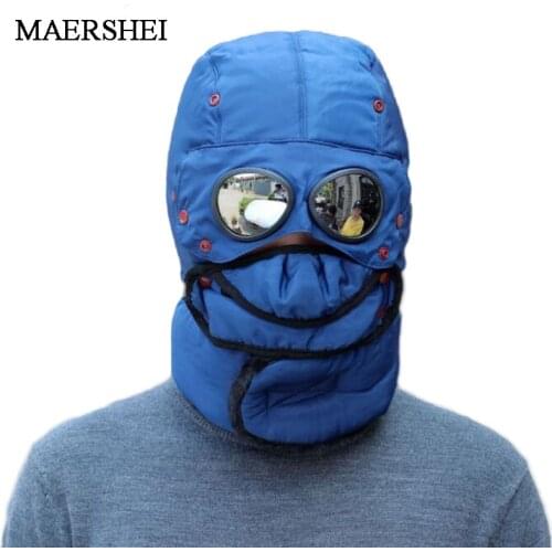 Winter Bomber Hats Plush Earflap Russian Ushanka with Goggles Men Womens Trapper Aviator Pilot Hat Faux Leather Fur Snow Caps