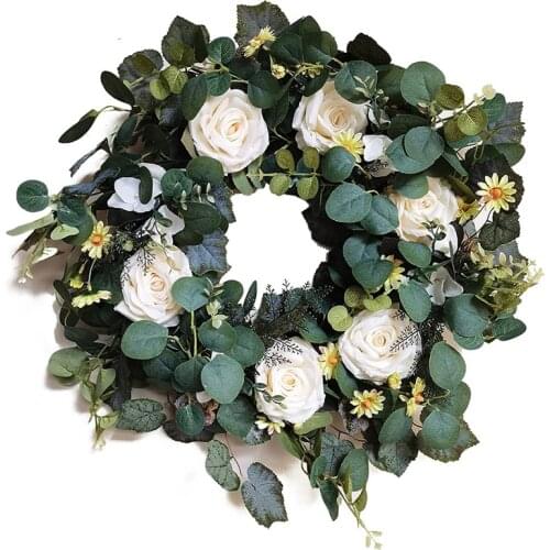 22 Inch Door Wreath Eucalyptus Leaves Daisy White Rose Wreaths Spring Summer Front Door Artificial Green Wreath Home