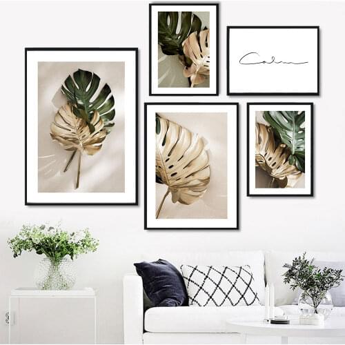 Green and Golden Leaves Scandinavian Canvas Poster Nordic Style Print Nature Art Painting Wall Picture for Living Room Unframe