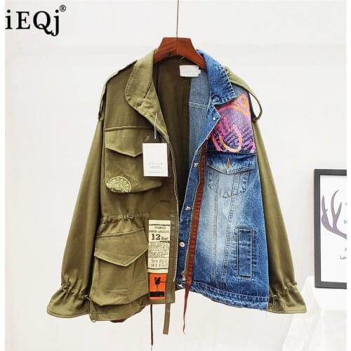 [IEQJ] 2021 Spring Autumn High Quality Lapel Long Sleeve Fake Two Piece Denim Patchwork Vintage Coat Women Jacket Women AH65009L
