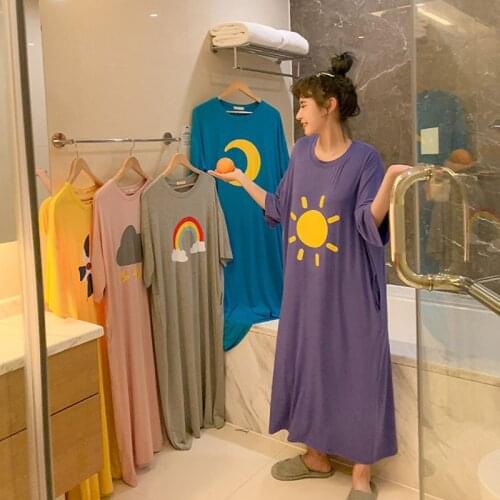 Female Summer Nightdress Short Sleeve Fashion Dress O-Neck Plus Size Loose Pocket Sleepshirt