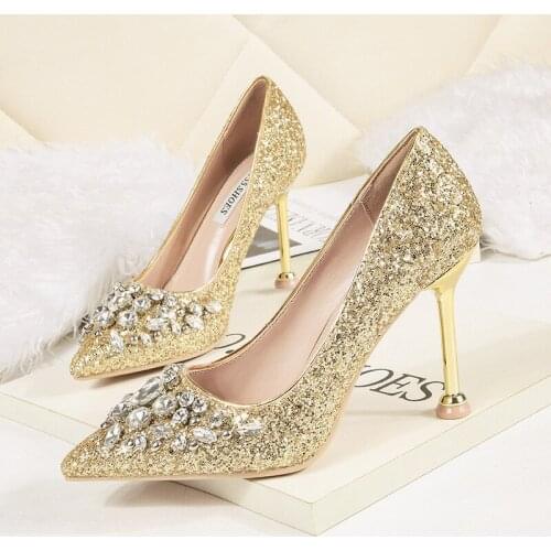 Women pumps Sequined Cloth Slip On 7.5CM Thin Heels High heels Pointed Toe Rhinestones Bling Shallow woman pumps size 35-42