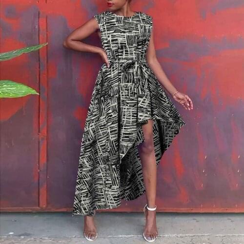 Retro Pattern Printed Irregular Party Dress Women Casual O Neck Tie-up Bow Long Dress 2021 Summer Lady Sleeveless Tank Dresses