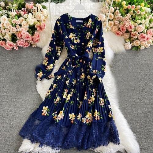 Sanishroly Spring Women Lace Patchwork Pleated Dress V-Neck Floral Print Dresses Ladies Tie Bow Long Beach Dress Vestidos CD111