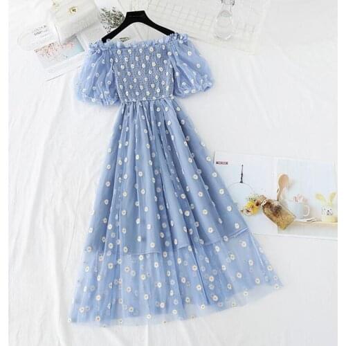 Sexy Off Shoulder Summer Dress Women Small daisy Embroidery Sweet Mesh Dresses 2021 New High waist Pink Party Vestidos