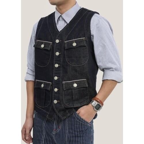 Spring Fall Men Sleeveless Vintage Casual Smart Business Blue Denim Vest Coat , 2021 New Man Slim Pockets Vests Coats