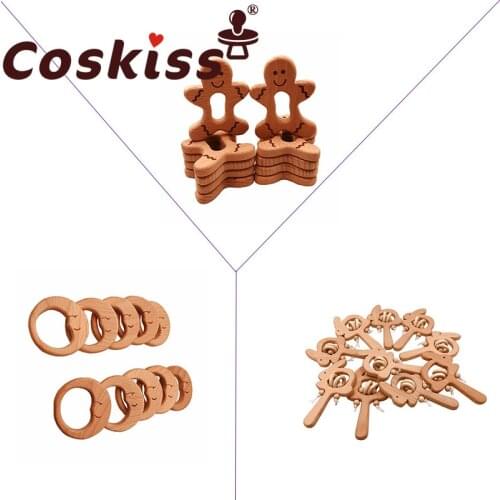 Coskiss 10pcs Food Grade Beech Wooden Teethers Baby Teether for Kids Childrens Toys Diy Making Wooden Rings Teething Toys