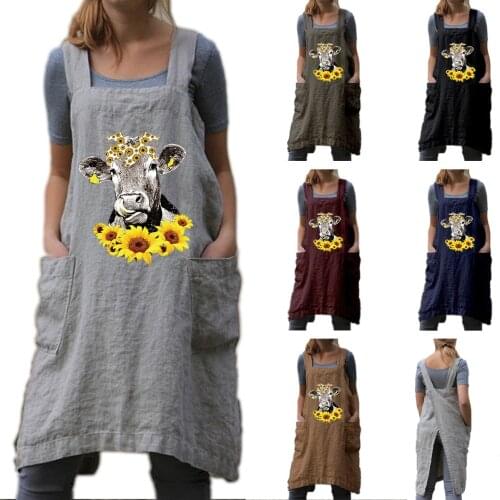 2021 Womens Apron Personalized Printed Cotton Linen Apron Kitchen Restaurant Cooking Long Homewear Pocket Dress Apron