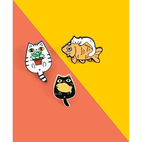 Cats and Fish cactus Enamel Pins Custom Funny Animal Brooches Bag Clothes Lapel Pin Cute Kitten Badge Jewelry Gift for Friends