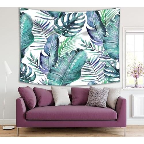 Tapestry Tropical Palm and Fern Leaves on White Background Exotic Nature Watercolor Artwork Printed Blue Green White