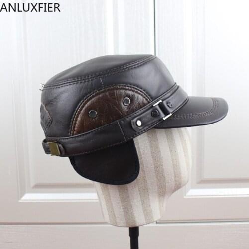 H6958 Autumn Winter Cowhide Leather Hat Mens Ear Guard Flat Top Visor Cap Adult Warm Thicken High Fashion Hats