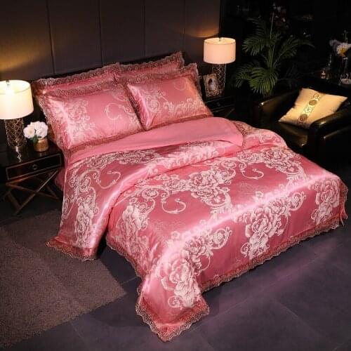 Dropshipping Duvet Cover Set Wedding Jacquard bedding set Lace flat sheet Pillowcase 4pcs European luxury Golden RED 207