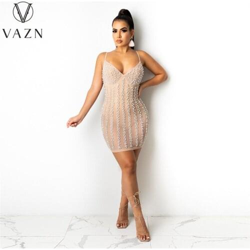 VAZN 2021 Hot High-end Beading Sexy Club Spaghetti Strap Sleeveless Short Dress Solid Sweet Young Vestidos For Female