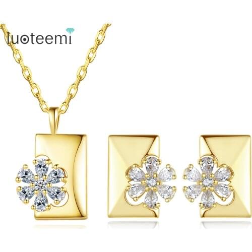 LUOTEEMI Cute Daisy Flower Jewelry Sets for Women Ensemble Femme 2 Pièces Shinning Cubic Zirconia Friends Gifts Wholesale