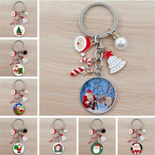 Fashion Merry Christmas Pendent Glass Keychain Santa Claus Key Ring Christmas Bell Key Holder Gift for New Year