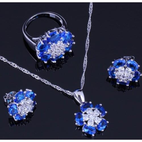 Silky Blue Cubic Zirconia White CZ Silver Plated Jewelry Sets Earrings Pendant Chain Ring V0234