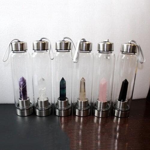 Natural Crystal Glass Water Bottle Gemstone Center Crystal Elixir Bottle Healing Obelisk Wand Stainless Steel Energy Cup