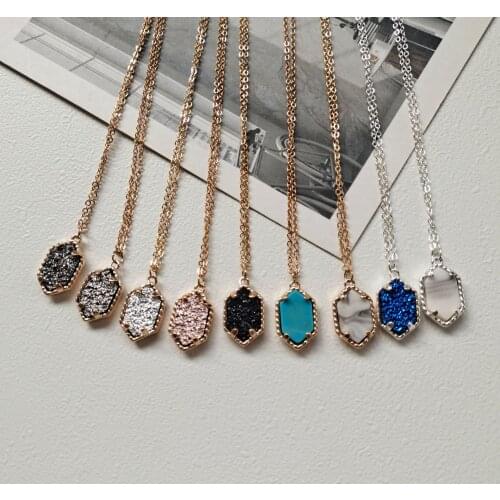 Geometric Oval Hexagon Crystal Quartz Druse Long Chain Choker Collar Pendant Necklaces for Women Fashion Jewelry