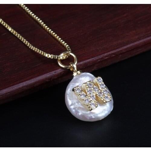 White CZ cubic zircon initial 26 alphabet letter name coin freshwater pearl bead charm pendant choker necklace for women