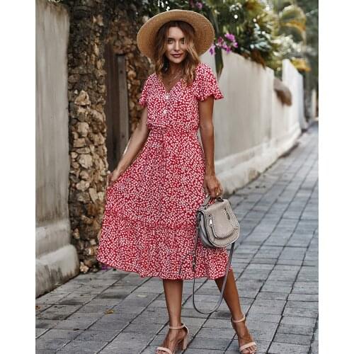 2020New Arrivals Midi Dress for Women Beach Dresses Red Flower Bobo Fashion Summer Brand Short Sleeve Casual Loose Vintage Dress