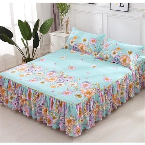 3pcs Floral Bedspread Bed Skirt Cover Non-slip Fitted Sheet Cover Graceful Double Lace Home Textile Cover Pillowcase