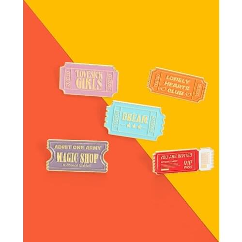 Custom Dream Tickets Enamel Pins Vip Admit One Pass Brooch Lapel Badge Shirt Bag Cartoon Jewelry Gift For Kids Friends