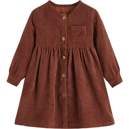 Infant Kids Baby Girl’s Casual Long Sleeve Dress Fashion Solid Color Round Neck Single-breasted A-line Dress 2-7T