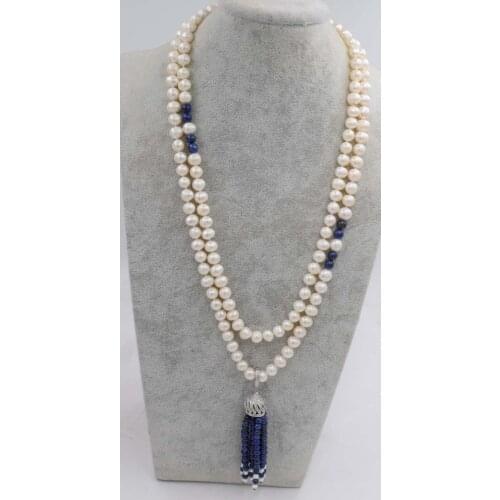 Freshwater pearl white near round 8-9mm and blue lapis lazuli pendnat necklace 35inch FPPJ wholesale beads nature
