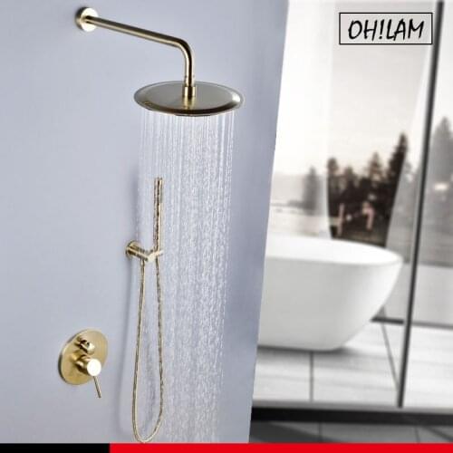 10” Bathroom Luxury Mixer Shower Combo Set Wall Mounted Rainfall Shower Head System Rough-in Valve Gold Concealed Shower Faucet