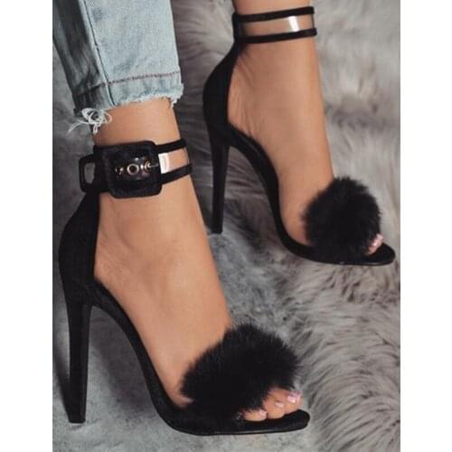 Summer New Sandals Star Models Rabbit Hair Snake Pattern Word Belt Fashion Super High Heel Women Sandals Open Toe Shoes