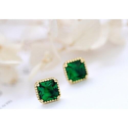 Luxury Crystal 925 Sterling Silver Gold Earrings Cute Female Small Emerald Green Earrings For Women Square Stone Stud Earrings