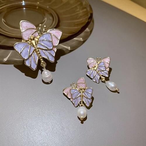 Exquisite Double Butterfly Purple Pink Color Dangle Earring for Women Shiny Enamel Irregular Pearl Earring Jewelry Pendientes