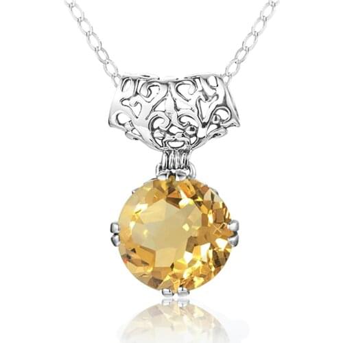 Szjinao Real 925 Sterling Silver Necklace For Women Citrine Gemstone Pendant Necklace Female Round Shape Luxury Jewelry New