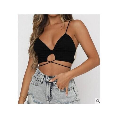 Deep V Neck Cross Tie-Up Crop Cami Tops Womens Solid Color Camisole Spaghetti Strap Drawstring Tank Tops Female Sexy Clothes