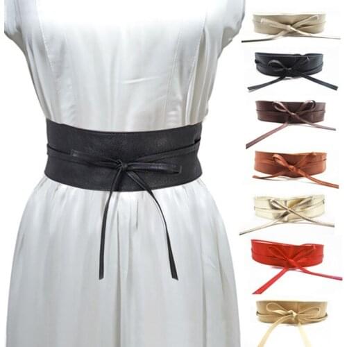 Vintage Elegant Women Belt Spring Autumn Soft Faux Leather Wide Self Bow Knot Tie Wrap Around Waist Band Mujer Dress Belt Waist