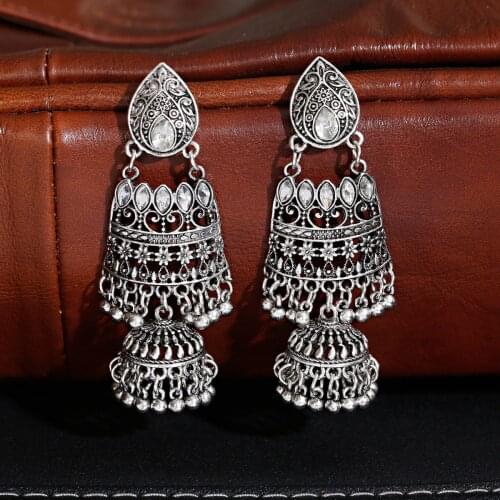Retro Womens Silver Color Big Carved Hollow Indian Jhumka Earrings Ethnic Gypsy Bells Dabgle Earring Fashion Jewelry