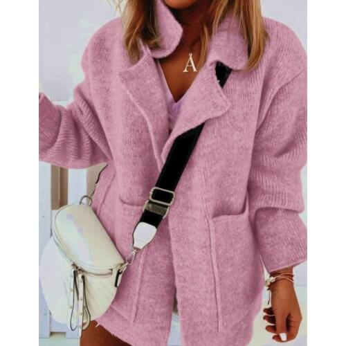2020 Autumn Winter Women Chic Knit Coat Cardigan Thick Pockets Lapel Long Sleeve Loose Streetwear Jacket Female Outdoor outwear