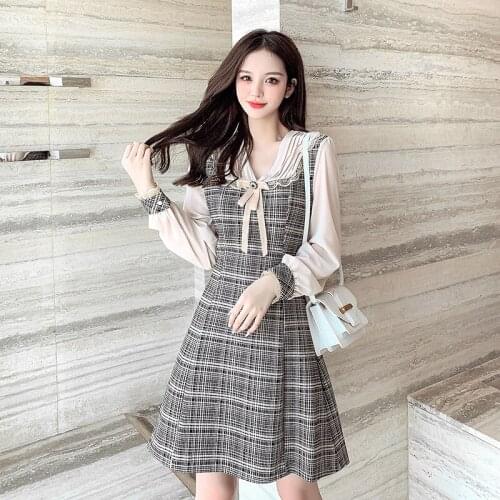 2021 Spring Autumn Womens Dress Casual V-neck Bow Voile Puff Sleeve Patchwork Plaid A-line Elegant Office Lady Slim Waist Dress
