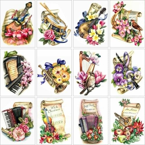 Huacan 5d Diamond Painting Musical Instrument Flower Home Decor Diamond Embroidery Mosaic Sheet Music Floral Wall Stickers