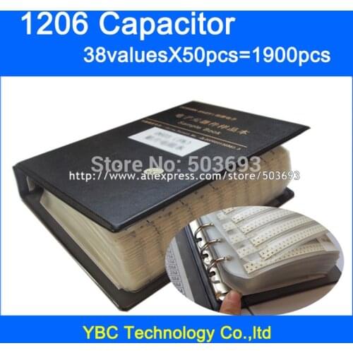 Free Shipping 1206 SMD Capacitor Sample Book 38valuesX50pcs=1900pcs 10PF~22UF Capacitor Assortment Kit Pack