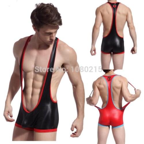 Hot Mens Bodywear Sexy Bulge Pouch Underwear Onesie Boxer Shorts Faux Leather Backless Gay Man Club Stage Wear Leotard Body Suit