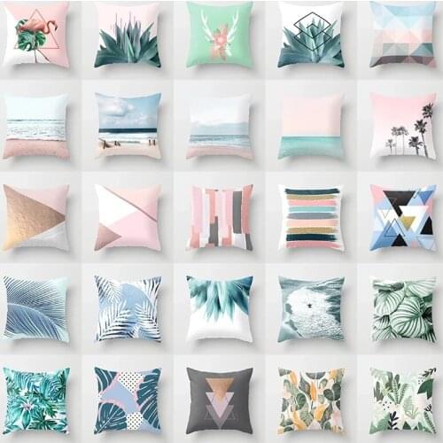 Nordic Pink Geometric Green Blue Cushion Covers Polyester Modern Beach Tropical Plants Print Throw Pillows Cover Sofa Car Chairs