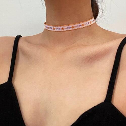 Vogallery Handmade Chokers Necklaces For Women Black Pink Orange Flower Embroidery Short Necklace Sweet Fashion Choker